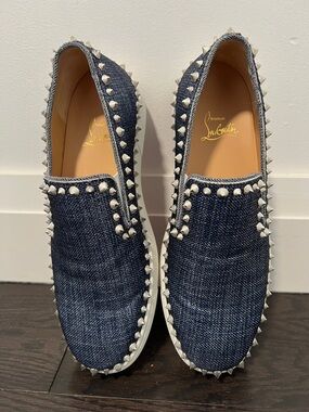 Christian Louboutin Denim Spike Slip-Ons - Navy & White